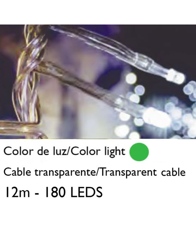 Guirnalda 12m y 180 LEDs verdes cable transparente empalmable para interior