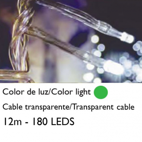 Guirnalda 12m y 180 LEDs verdes cable transparente empalmable para interior