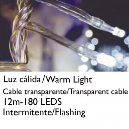 Guirnalda 12m y 180 LEDs intermitente luz cálida cable transparente empalmable para interior