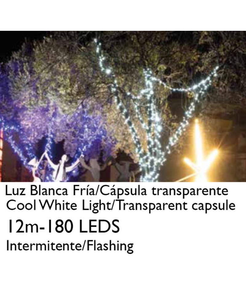 String light 12m and 180 LEDs Flashing cool light clear capsule white or green cable, IP65 condable suitable for outdoor use