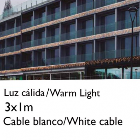 Cortina de LEDs 3x1m efecto hielo icicle luz cálida cable blanco empalmable con 102 leds flashing IP65