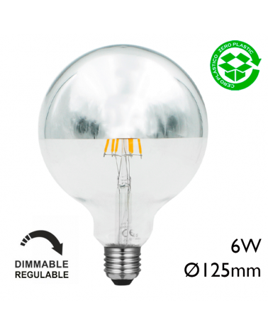 LED Globe bulb 125 mm. Dome Mirror dimmable LED filaments E27 6W 2700K 600Lm
