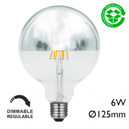 LED Globe bulb 125 mm. Dome Mirror dimmable LED filaments E27 6W 2700K 600Lm