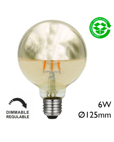 LED Gold Mirror Dome Globe Bulb 125 mm. Dimmable LED filaments E27 6W 2200K 500Lm.