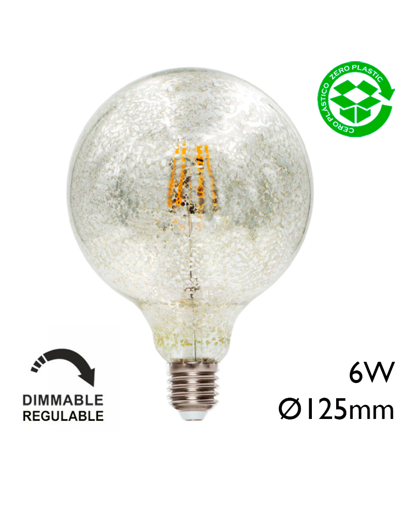 LED Globe Bulb Chrome Crackle 125 mm. Dimmable filaments E27 6W 2200K 400Lm.