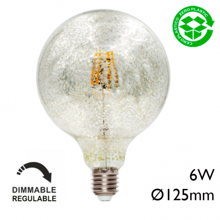 LED Globe Bulb Chrome Crackle 125 mm. Dimmable filaments E27 6W 2200K 400Lm.
