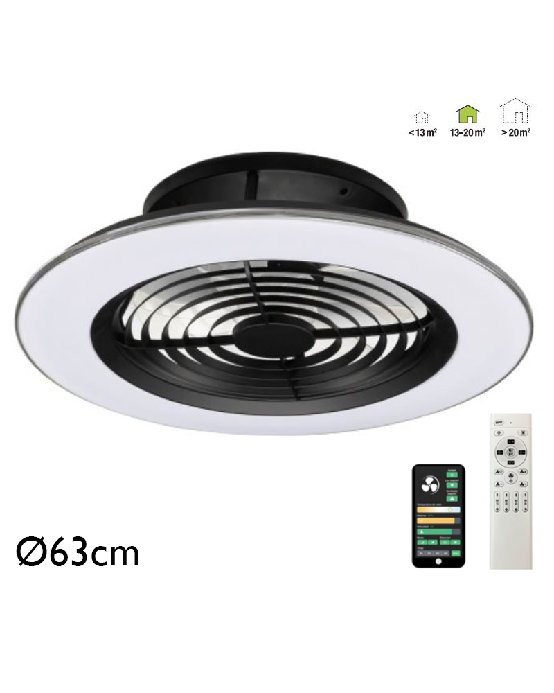 Ventilador de techo 35W Ø63cm plafón LED 70W control remoto luz REGULABLE y bluetooth