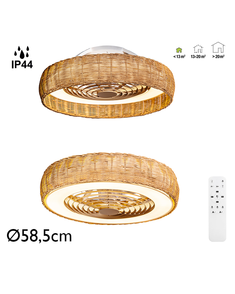 Ceiling fan 25W Ø58.5cm LED ceiling light 55W rattan remote control IP44 DIMMABLE light and remote control