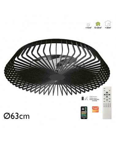 Ventilador de techo inteligente negro 35W Ø63cm plafón LED 70W control remoto luz REGULABLE y App
