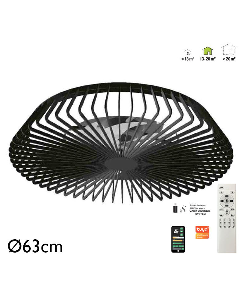 Ventilador de techo inteligente negro 35W Ø63cm plafón LED 70W control  remoto luz REGULABLE y App