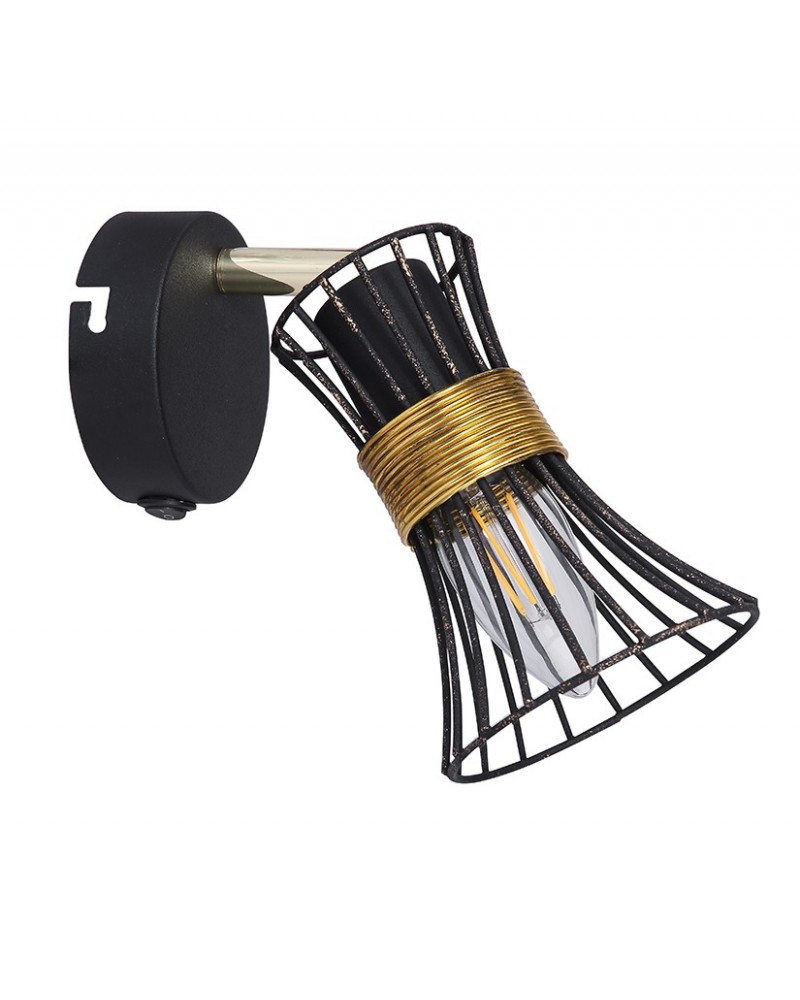 Vintage wall lamp with black and gold bars and brass decoration E14 40W with switch