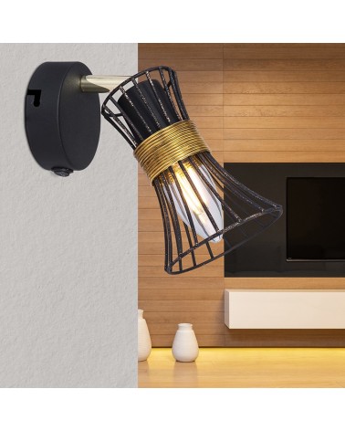 Vintage wall lamp with black and gold bars and brass decoration E14 40W with switch