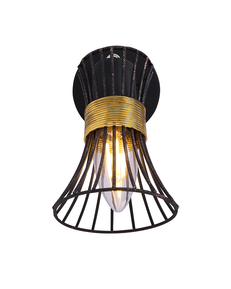 Vintage wall lamp with black and gold bars and brass decoration E14 40W