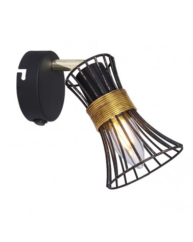 Vintage wall lamp with black and gold bars and brass decoration E14 40W with switch