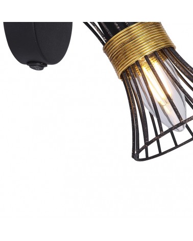 Vintage wall lamp with black and gold bars and brass decoration E14 40W with switch