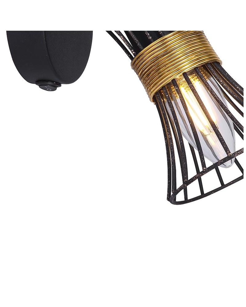 Vintage wall lamp with black and gold bars and brass decoration E14 40W