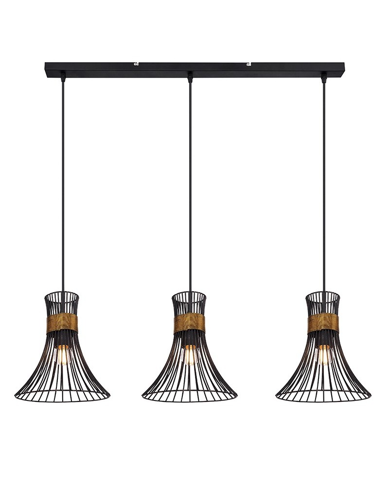 Lámpara colgante vintage con 3 pantallas con rejilla negra detalles en latón y negro 80cm E27 60W