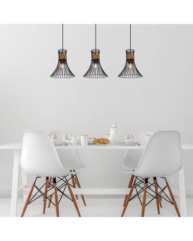 Lámpara colgante vintage con 3 pantallas con rejilla negra detalles en latón y negro 80cm E27 60W