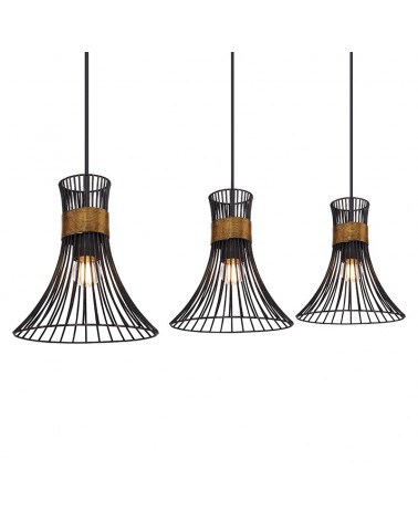 Lámpara colgante vintage con 3 pantallas con rejilla negra detalles en latón y negro 80cm E27 60W