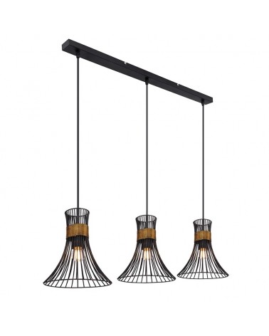 Vintage pendant lamp with 3 lampshades with black mesh brass and black details 80cm E27