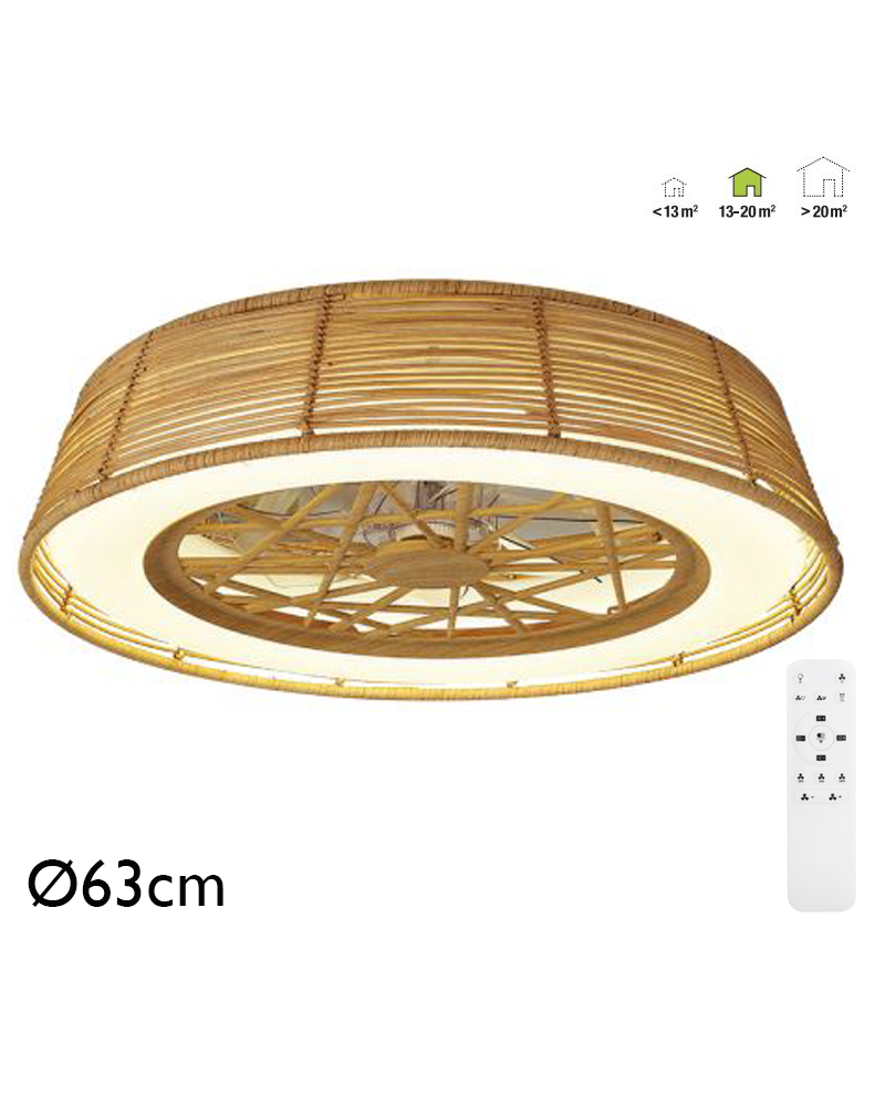 Ventilador de techo 35W Ø63cm plafón LED 70W ratán control remoto luz REGULABLE y mando