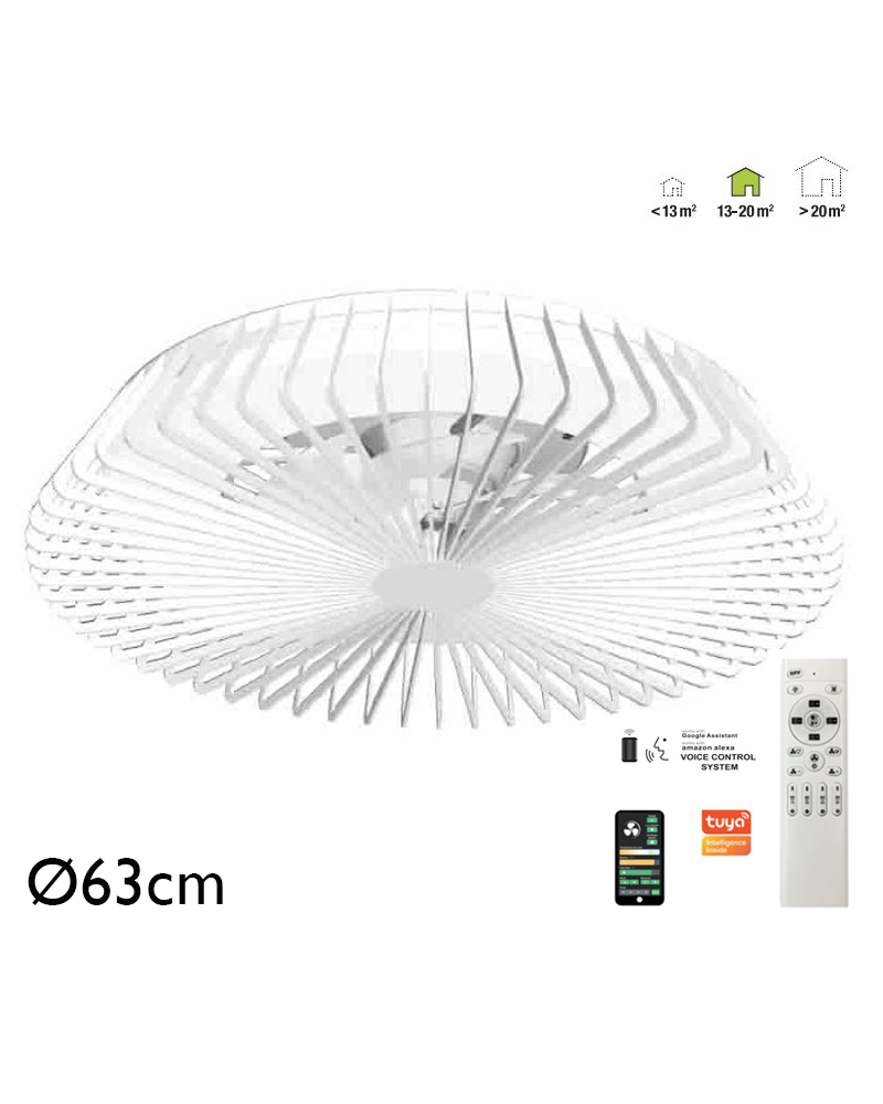 Ventilador de techo inteligente blanco 35W Ø63cm plafón LED 70W control remoto luz REGULABLE y App