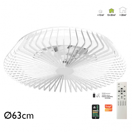 Ventilador de techo inteligente blanco 35W Ø63cm plafón LED 70W control remoto luz REGULABLE y App