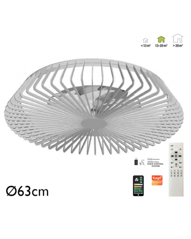 Ventilador de techo inteligente plata 35W Ø63cm plafón LED 70W control remoto luz REGULABLE y App