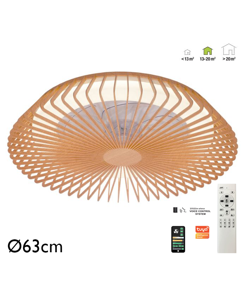 Ventilador de techo inteligente madera 35W Ø63cm plafón LED 70W control remoto luz REGULABLE y App