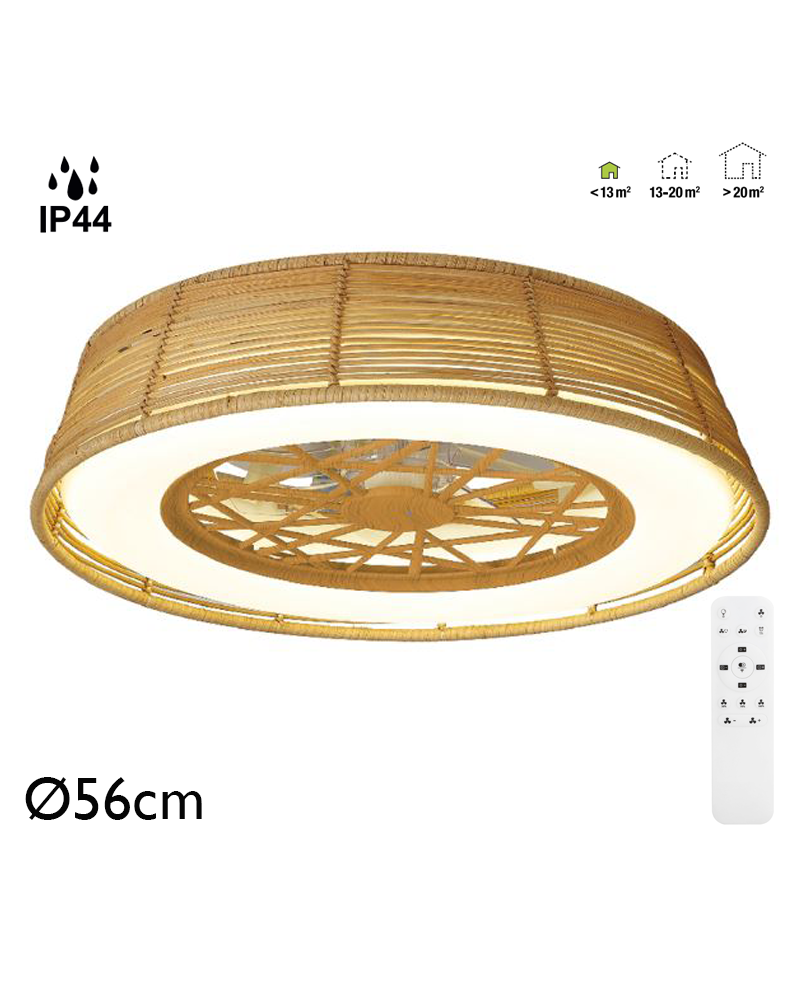 Ceiling fan 25W Ø56cm LED ceiling light 55W IP44 rattan remote control DIMMABLE light and remote control