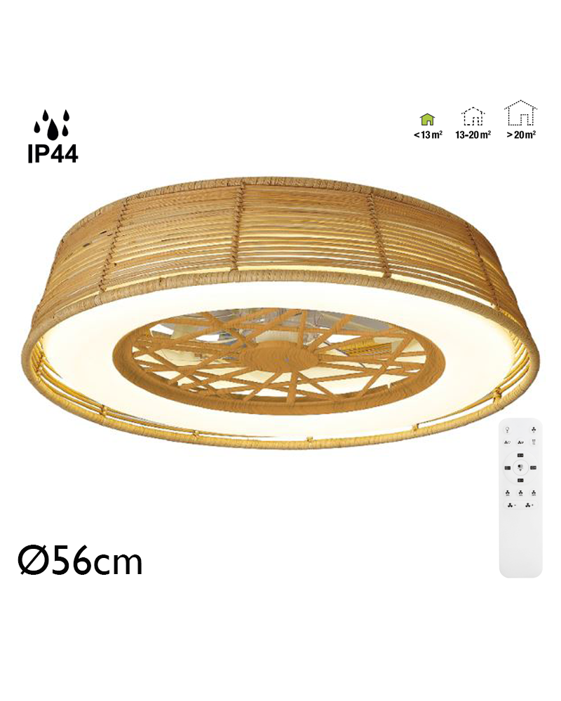 Ventilador de techo 25W Ø56cm plafón LED 55W IP44 ratán control remoto luz REGULABLE y mando