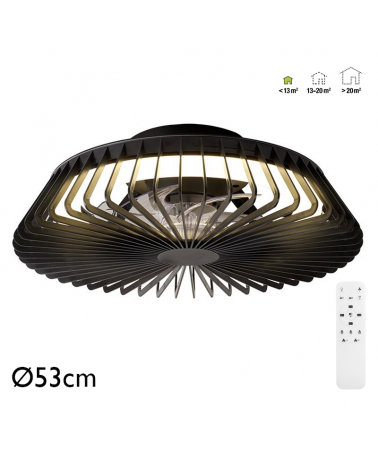Ventilador de techo negro 30W Ø53cm plafón LED 70W control remoto luz REGULABLE y mando