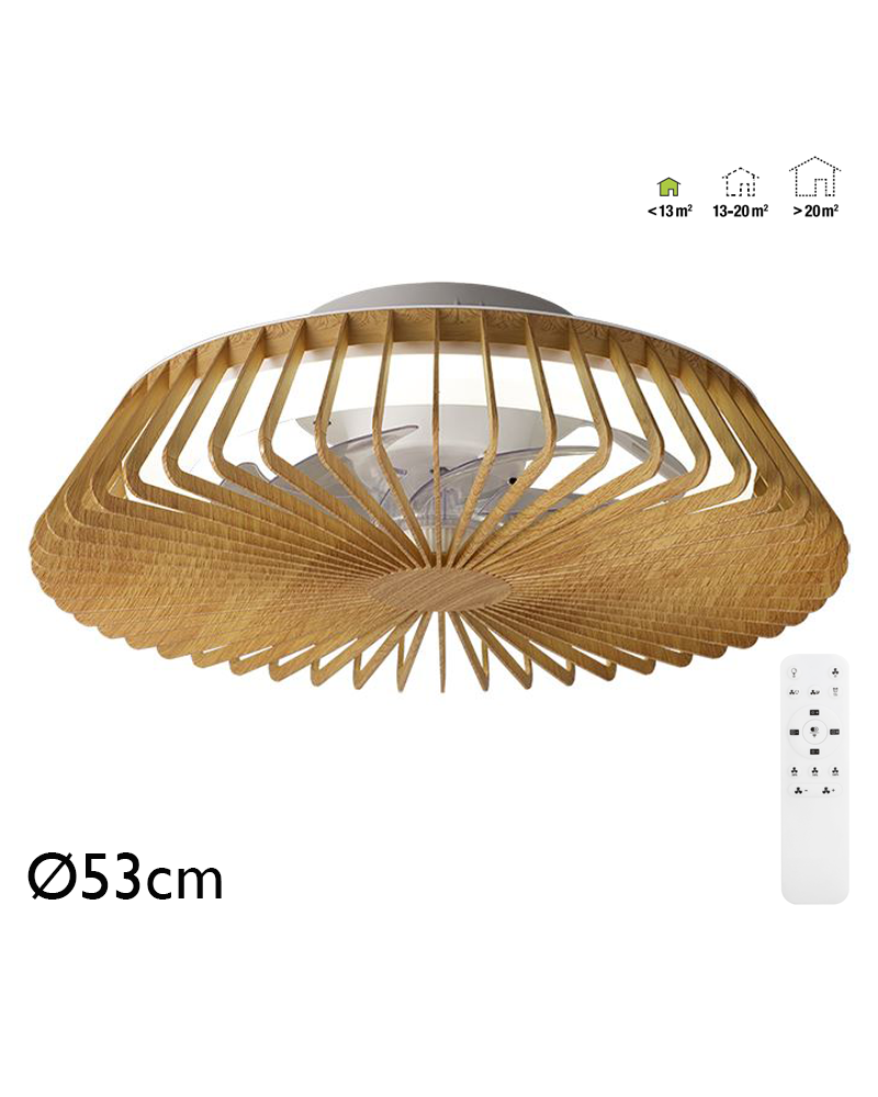 Ventilador de techo madera 30W Ø53cm plafón LED 70W control remoto luz REGULABLE y mando