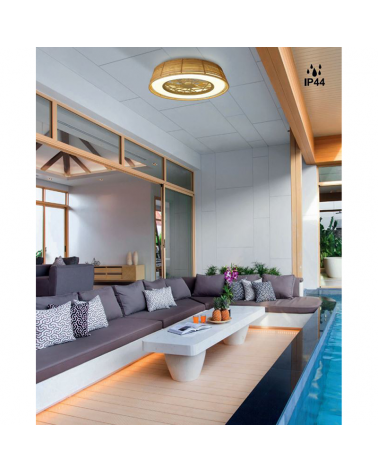 Ventilador de techo 25W Ø56cm plafón LED 55W IP44 ratán control remoto luz REGULABLE y mando