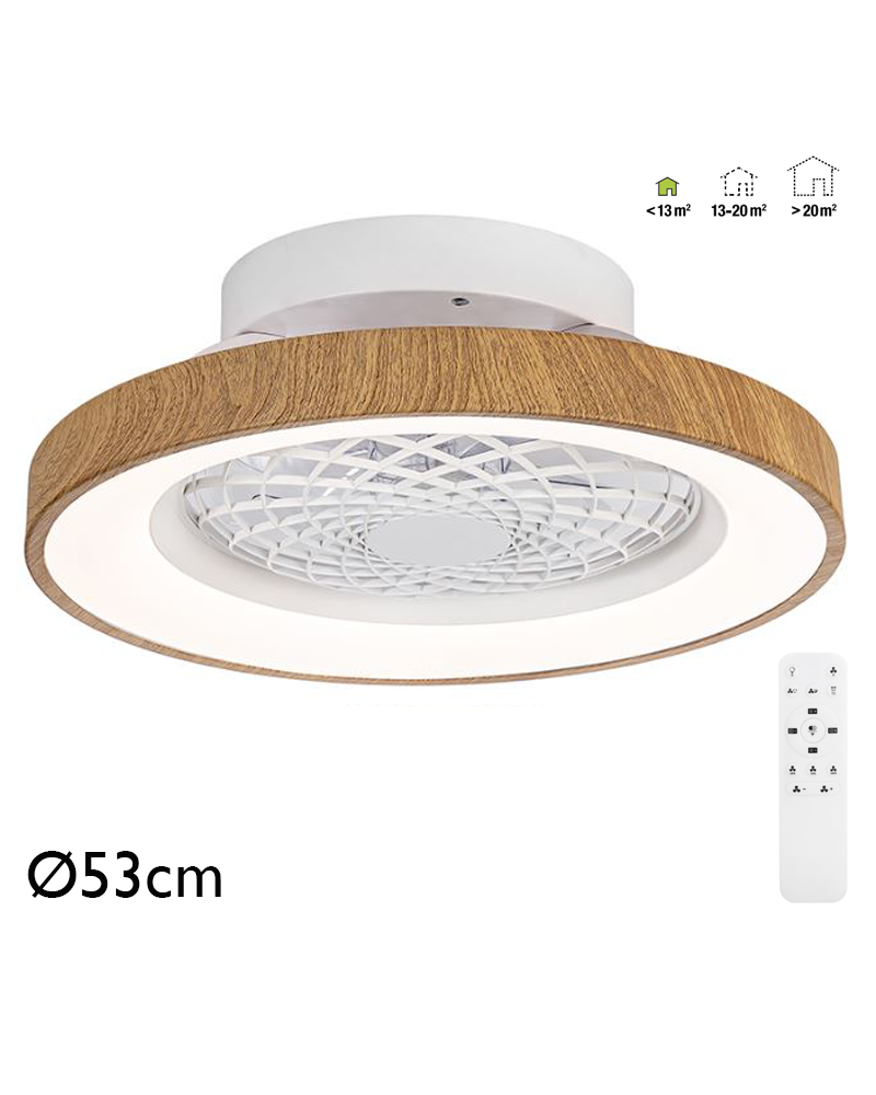 Ventilador de techo madera 33W Ø53cm plafón LED 70W control remoto luz REGULABLE y mando
