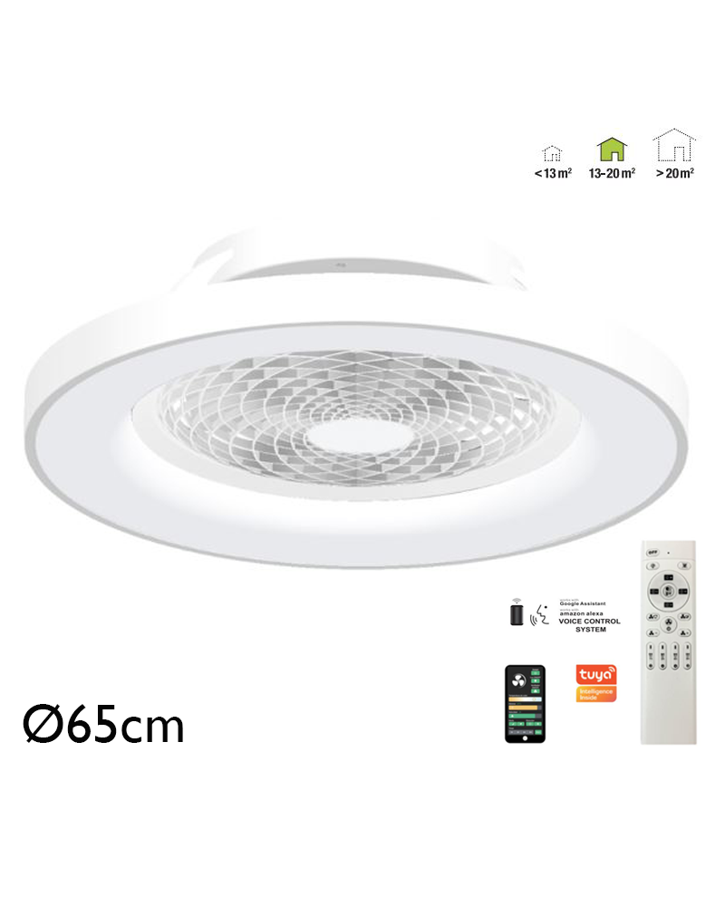 Ventilador de techo inteligente blanco 35W Ø65cm plafón LED 70W control remoto luz REGULABLE y App