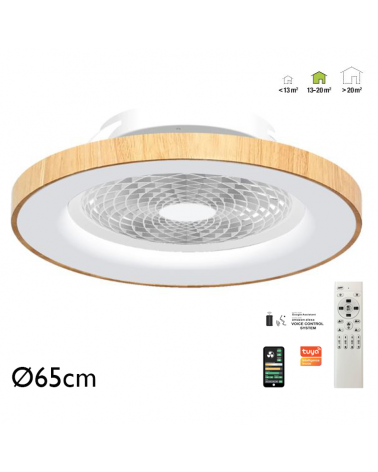 Wood and white smart ceiling fan 35W Ø65cm LED ceiling light 70W remote control DIMMABLE light and App