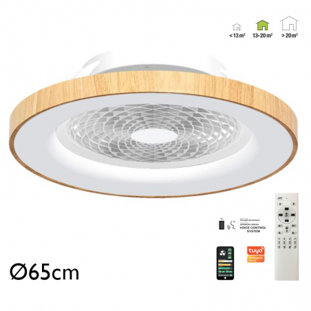 Ventilador de techo inteligente madera y blanco 35W Ø65cm plafón LED 70W control remoto luz REGULABLE y App