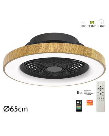 Ventilador de techo inteligente madera y negro 35W Ø65cm plafón LED 70W control remoto luz REGULABLE y App