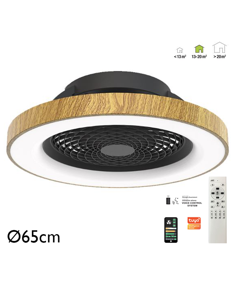 Ventilador de techo inteligente madera y negro 35W Ø65cm plafón LED 70W control remoto y App