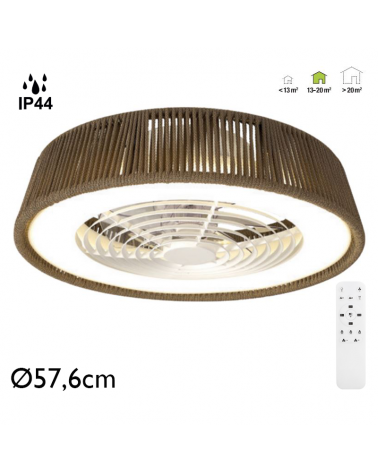 Ceiling fan 25W Ø57.6cm LED ceiling light 55W IP44 synthetic rope remote control DIMMABLE light and remote control