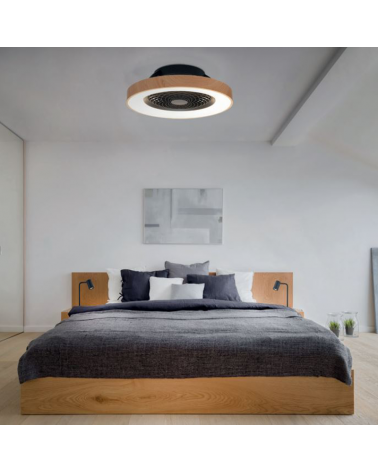 Ventilador de techo inteligente madera y negro 35W Ø65cm plafón LED 70W control remoto luz REGULABLE y App
