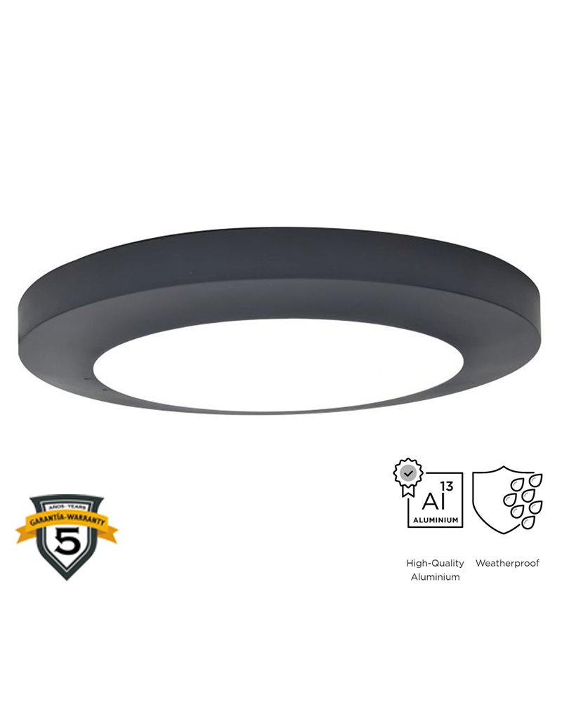 Plafón de techo para exterior gris oscuro 30,5cm de aluminio y PC LED 16,5W 3000K