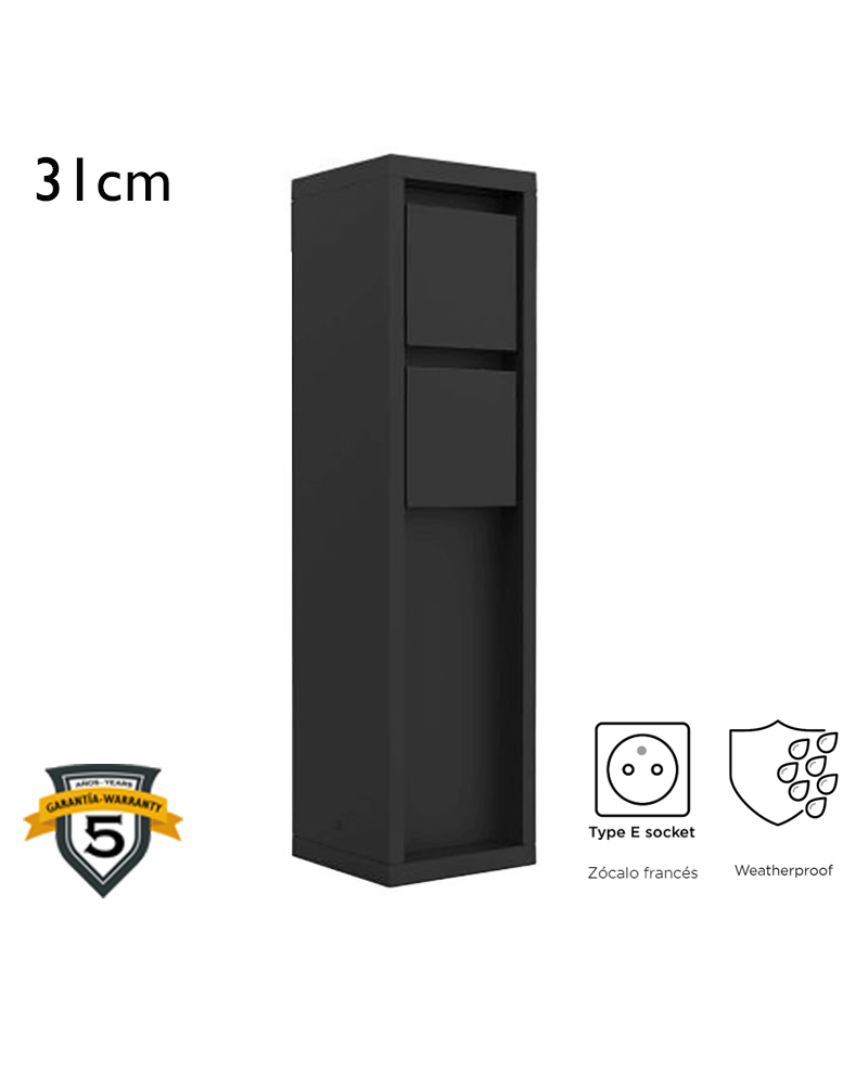 Baliza de 31cm IP54 de aluminio acabado negro con 2 enchufes estanco Francés 3500W