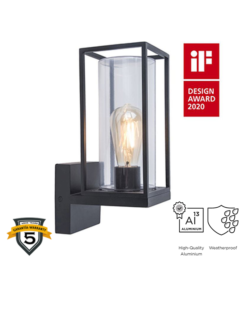 Aplique pared de exterior negro 31,3cm de aluminio y cristal E27 IP44
