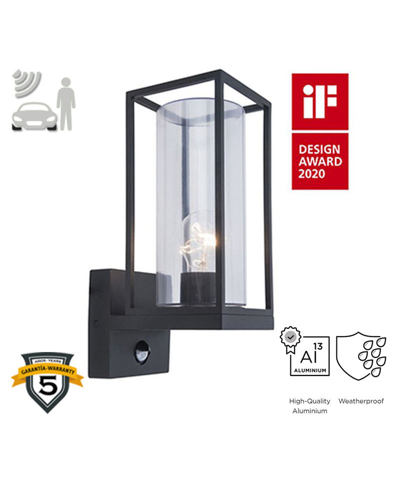 Black outdoor wall lamp 31.3cm made of aluminum and glass E27 IP44 MOTION SENSOR