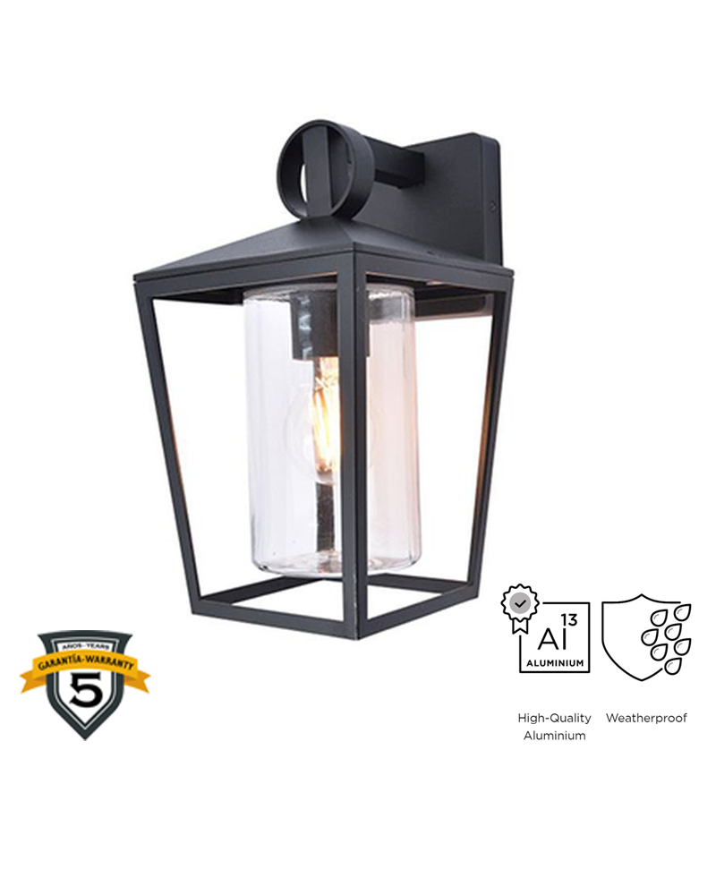 Aplique pared de exterior negro 28,8cm de aluminio y cristal E27 IP44