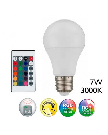 Bombilla Estándar LED 7W E27 3000º K RGB Regulable en color e intensidad con mando a distancia