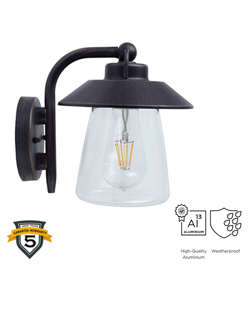 Aplique pared de exterior negro 20cm de aluminio y cristal E27 IP44