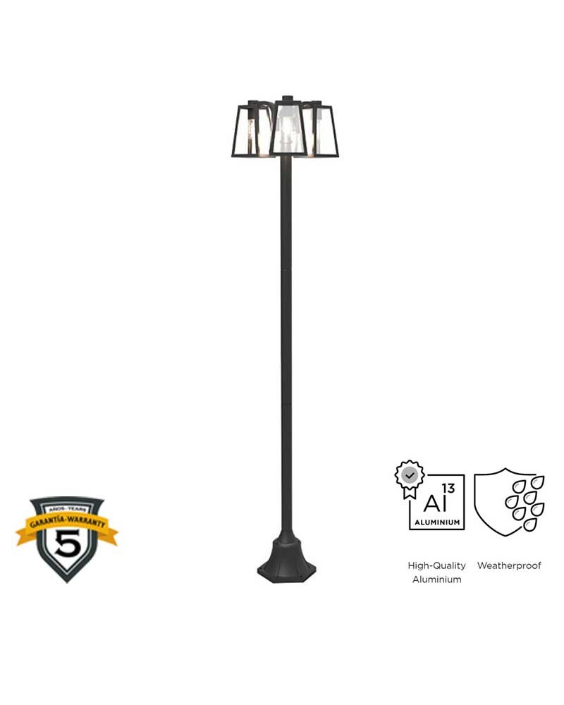 Street lamp 186.8cm aluminum and glass black finish 3xE27 IP44
